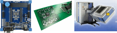 Examples of emulator boards (left); custom circuits (center); ATE (right).