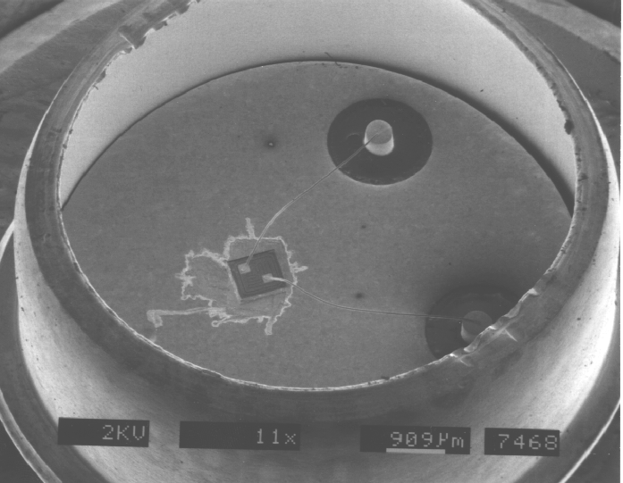 SEM image of an IC opened with a pipe cutter device (photo courtesy Analytical Solutions).