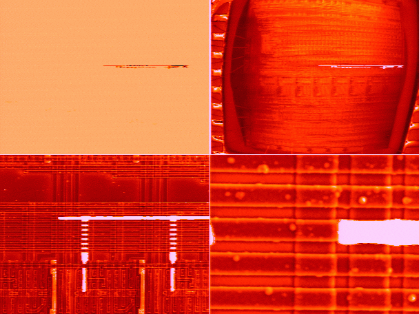 Four pane CIVA image localizing an open metal 1 step on a 3.0mm ASIC IC (Photo courtesy Sandia National Labs).