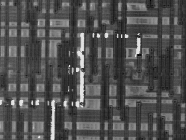 CIVA image (high magnification) localizing open interconnect on 1.0mm ASIC IC (Photo courtesy Sandia National Labs).