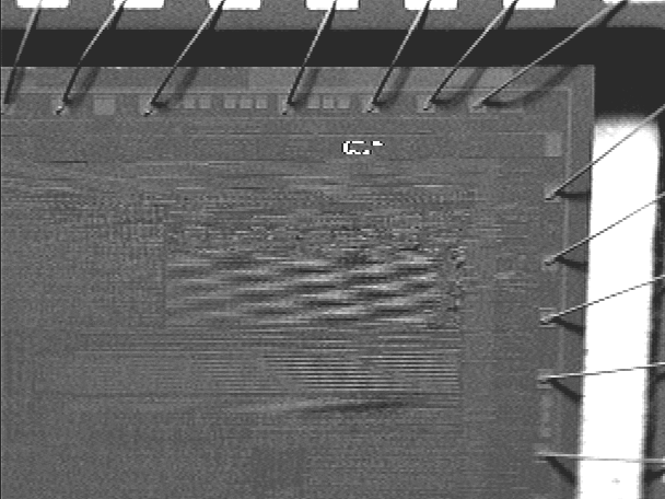 CIVA image (low magnification) localizing open metal1 to silicon contact on a microcontroller (Photo courtesy Sandia National Labs).