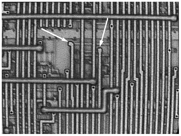 Photograph of missing metal 1 metal 2 vias, resulting in an open. (Photo courtesy Intel Corp.)