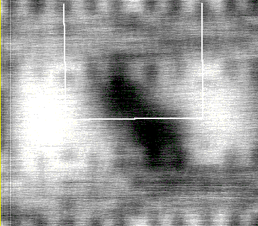 IR LIVA image displaying a portion of an SRAM cell with the p-channel transistor gates highlighted. Box outlines SRAM cell. (Courtesy Sandia Labs).