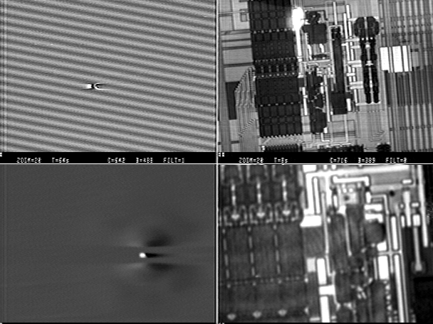 Four panel image showing LIVA and a registered IR reflected image on a microprocessor. (Courtesy Sandia Labs).