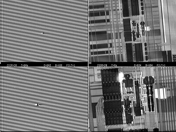 Another four panel image showing LIVA and a registered IR reflected image on the same microprocessor. (Courtesy Sandia Labs).