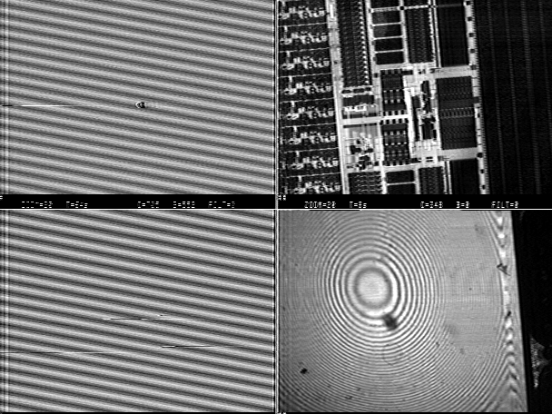 Four panel image showing LIVA and a registered IR reflected image on a microprocessor. (Courtesy Sandia Labs).