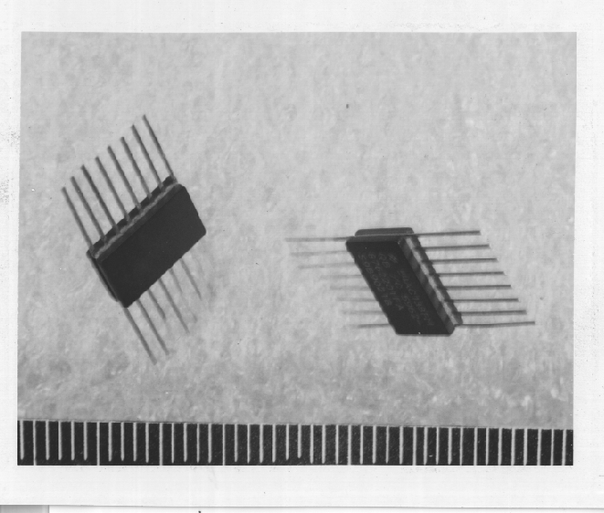 An example of a 16 pin ceramic lid flatpack IC. (Photo courtesy Sandia Labs).