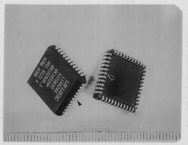 An example of a 44 pin leadless chip carrier IC. (Photo courtesy Sandia Labs).